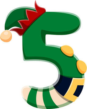 Christmas font number 5 as elf, Xmas festive type and cartoon typeface, vector alphabet. Merry Christmas font for Xmas holiday greeting text and New Year type, number Five in shape of fairy tale elf
