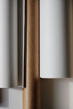 Paper Rolls Layout Top View. Design Studio Concept Mockup.