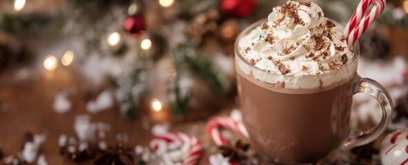 Hot chocolate garnished with fresh whipped cream and a candy cane, the warmth coziness of the holiday season with glowing Christmas lights and winter new year decorations in the background copy space