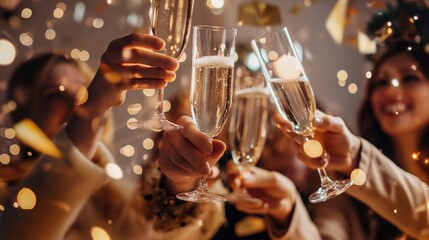 Group of elegantly dressed friends are holding up champagne glasses, making a toast during a christmas or new year eve party. Merry Christmas and Happy New Year event. People with alcohol drinks