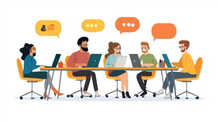 Office people teamwork coworking. Communication and brainstorming. Colored flat illustration. Isolated on white background.