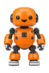 A cheerful orange robot with a friendly smile, showcasing innovative design and advanced technology in a playful manner.