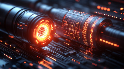 futuristic high-tech submarine fiber optic cable displayed in vibrant detail, symbolizing global connectivity, technological advancements, and the seamless transmission of information across vast ocea