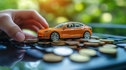 A hand places a toy car on a pile of coins, representing the cost of buying a car.