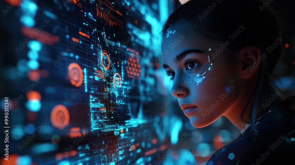 Poster programming coding and woma with focus, hologram and trading with cyber security, futuristic and res