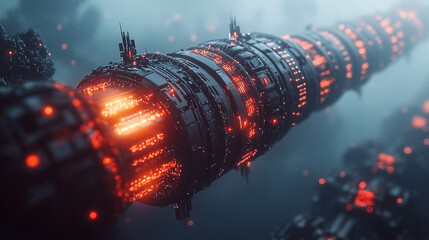 futuristic high-tech submarine fiber optic cable displayed in vibrant detail, symbolizing global connectivity, technological advancements, and the seamless transmission of information across vast ocea