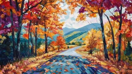 A colorful painting of a country road in autumn, with trees changing colors and leaves falling to the ground.