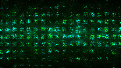 Flow of green shimmering particles. Glowing dynamic halftone sound wave. Vector Illustration.
