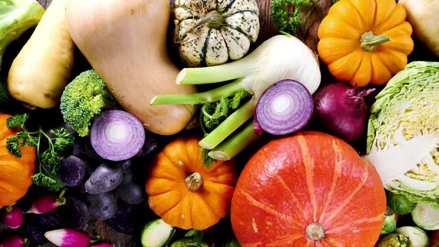 Assortment of autumn and winter vegetables, including pumpkin, butternut squash, cabbage, and broccoli. Perfect for healthy eating, cooking, and soup recipes.
