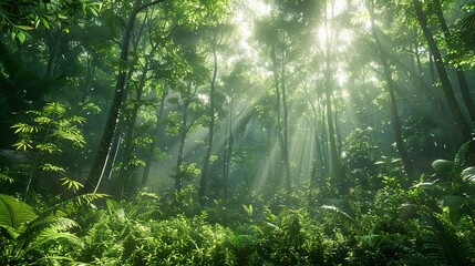 Obraz premium Lush Green Rainforest with Sunlight Streaming Through the Canopy