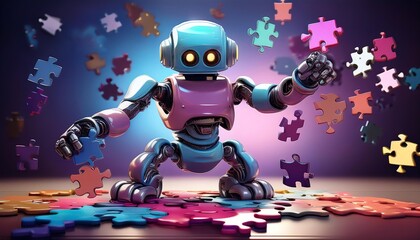 A colorful robot is assembling puzzle pieces, surrounded by scattered jigsaw pieces in a vibrant, futuristic setting.
