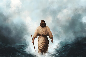 Obraz premium Jesus miraculously walks on water across the sea