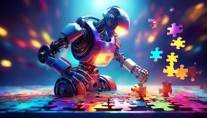 A futuristic robot assembles colorful puzzle pieces against a vibrant, illuminated background, showcasing the intersection of technology and creativity.