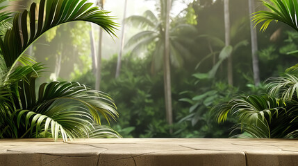 Fototapeta premium Tabletop on jungle background for product presentation. Beige concrete countertop in forest with palm trees. Outdoor mockup for cosmetics design