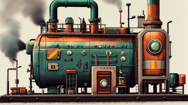 A large, steam-powered machine with an orange and green exterior emits smoke from a tall chimney