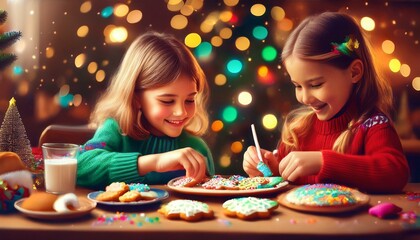 Fototapeta premium Children joyfully sitting at a table, decorating Christmas cookies with colorful icing and sprinkles, creating a fun and festive atmosphere filled with laughter and creativity.