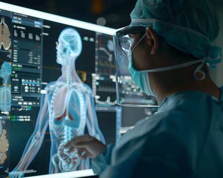 AI Assisted Surgeon Reviewing 3D Anatomical Model for Personalized Medical Treatment Planning