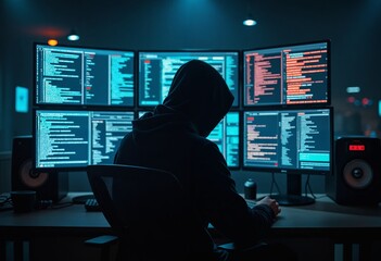 a person in a hoodie sitting at a desk with multiple computer screens Cybersecurity background