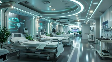 Obraz premium Futuristic Hospital Ward with Personalized Rooms Adjusting to Patient Health Needs Innovative Medical Concept