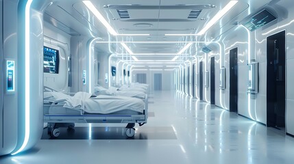 Fototapeta premium Futuristic Personalized Hospital Ward with Adjustable Rooms for Optimal Patient Care