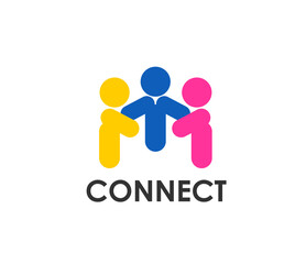 Community icon, connect people together for teamwork or union, vector corporate emblem. Family people holding by hands together for social community network or business partnership connect symbol