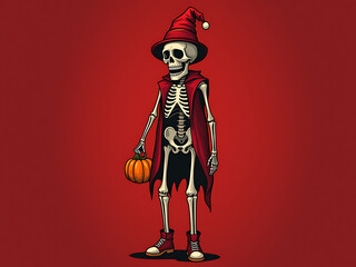 Human Skeleton with Halloween Clown Hat, Wearing Red Costume, Holding Pumpkin on Red Background with Rich Colors