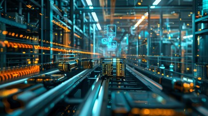 Futuristic warehouse with advanced automation and smart technologies in abstract design