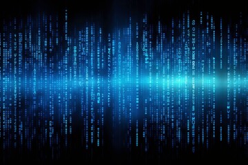 Fototapeta premium Blue digital code cascading down dark background. Suitable for technology, cybersecurity, data encryption, programming concepts in digital design projects. Generative AI