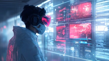 Medical professional giving COVID booster in a tech-driven clinic, AR goggles projecting patient info, white chrome walls, blue neon light, cyberpunk style, digital painting