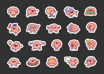 Cute brain character. Sticker Bookmark. Smart organ, related to thinking and education. Hand drawn style. Vector drawing. Collection of design elements.