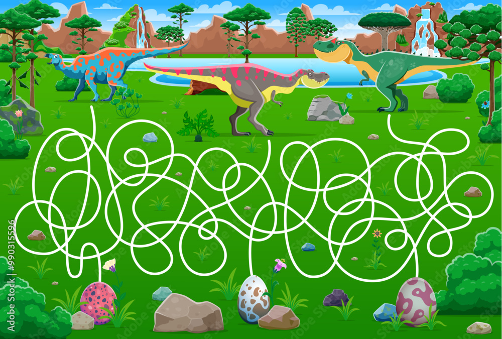 Poster labyrinth maze game, help to prehistoric dinosaur mother find her own egg, vector worksheet. kids ga