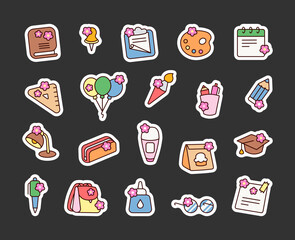 School supplies with bud. Sticker Bookmark. Beginning of educational training. Hand drawn style. Vector drawing. Collection of design elements.