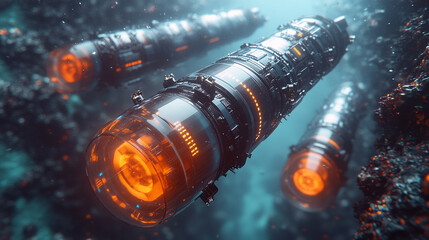futuristic high-tech submarine fiber optic cable displayed in vibrant detail, symbolizing global connectivity, technological advancements, and the seamless transmission of information across vast ocea
