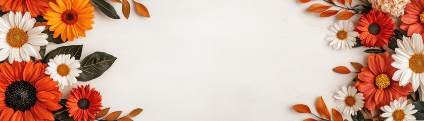 Obraz premium Vibrant floral arrangement featuring orange and white flowers on a light background, perfect for seasonal decorations.