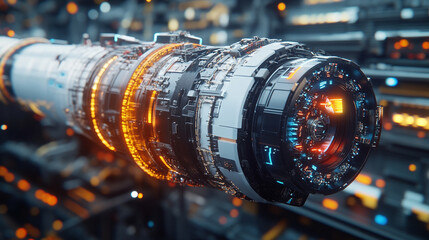 futuristic high-tech submarine fiber optic cable displayed in vibrant detail, symbolizing global connectivity, technological advancements, and the seamless transmission of information across vast ocea