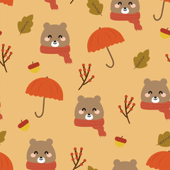 Seamless pattern cartoon bears with autumn vibes. cute autumn fall wallpaper for fabric print, gift wrap paper