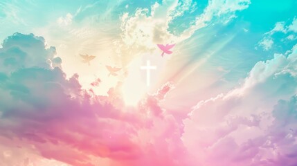 Radiant light cross in serene sky with angels descending  a captivating depiction of divinity