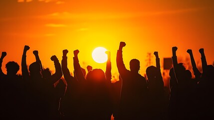 Silhouetted Crowd Raising Fists Against Sunset