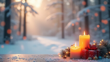 Beautiful holiday candles with winter nature
