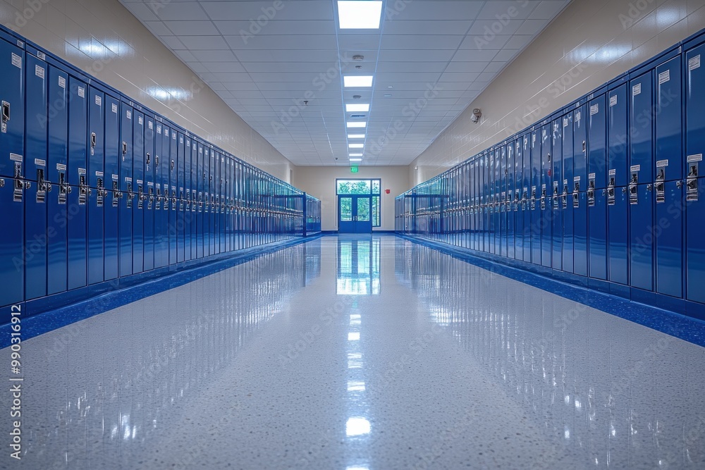 Wall mural Empty School Hallway with Blue Lockers