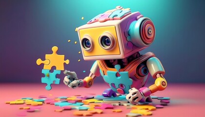 Fototapeta premium A colorful robot playfully assembles puzzle pieces on a vibrant surface, showcasing creativity and innovation in a whimsical setting.