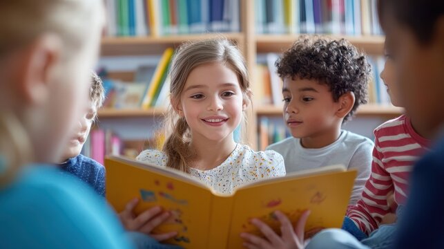 A volunteer engages children by reading a storybook in a library, inspiring smiles and curiosity
