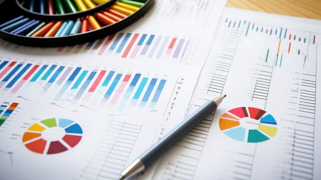 An intricate display of colorful charts and pens, highlighting detailed analytical data on crisp white paper.