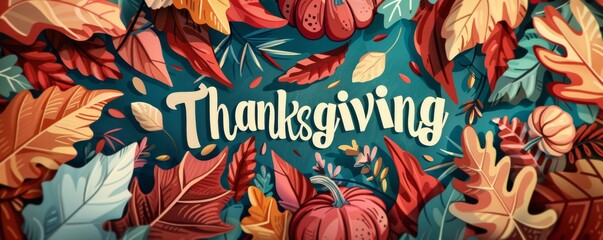 Obraz premium Autumn leaves frame, minimalistic seasonal illustration with Thanksgiving text. Template for promotional poster or banner