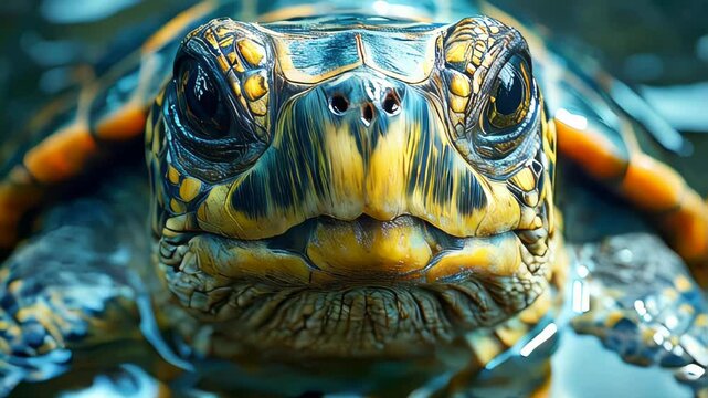 A close-up of a turtle's face as it looks directly at the camera, floating in the water