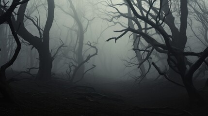 Obraz premium A foggy forest full of bare, twisted trees creates an eerie, mystical atmosphere, evoking a sense of mystery and the unknown.