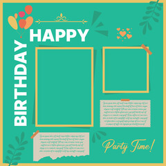 Birthday photo college frame mockup, photo book, natural leaf hearts balloon handwriting torn page and simple background. 