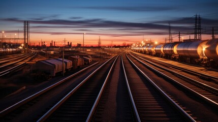 Fototapeta premium A freight train stretches into the distance under a vivid evening sky, reflecting the industrial might and continuous movement of goods.