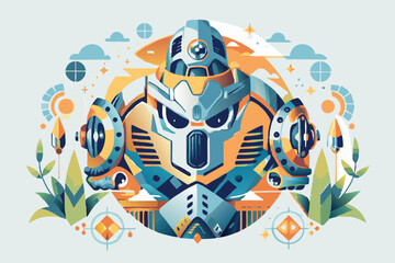 Fototapeta premium Futuristic Robot Warrior Illustration Amidst Abstract Cosmic Elements