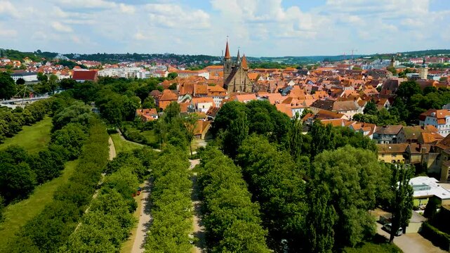 4K Aerial Drone Video of the St. Johannis Kirche Church and Kirche St. Gumbertus Church in Ansbach, Germany